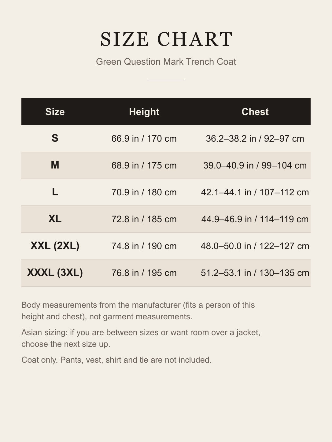 Size chart for the green question mark trench coat: height and chest by size, S to XXXL, in inches and cm