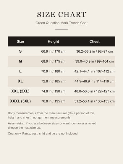 Size chart for the green question mark trench coat: height and chest by size, S to XXXL, in inches and cm