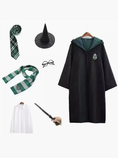 What's included in the green wizard costume set: black hooded robe, pointed hat, striped tie, striped scarf, round glasses, white shirt and wand