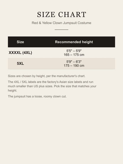 Size chart for the adult clown jumpsuit costume: XXXXL fits 5'5"-5'9" (165-175 cm), 5XL fits 5'9"-6'3" (175-190 cm)