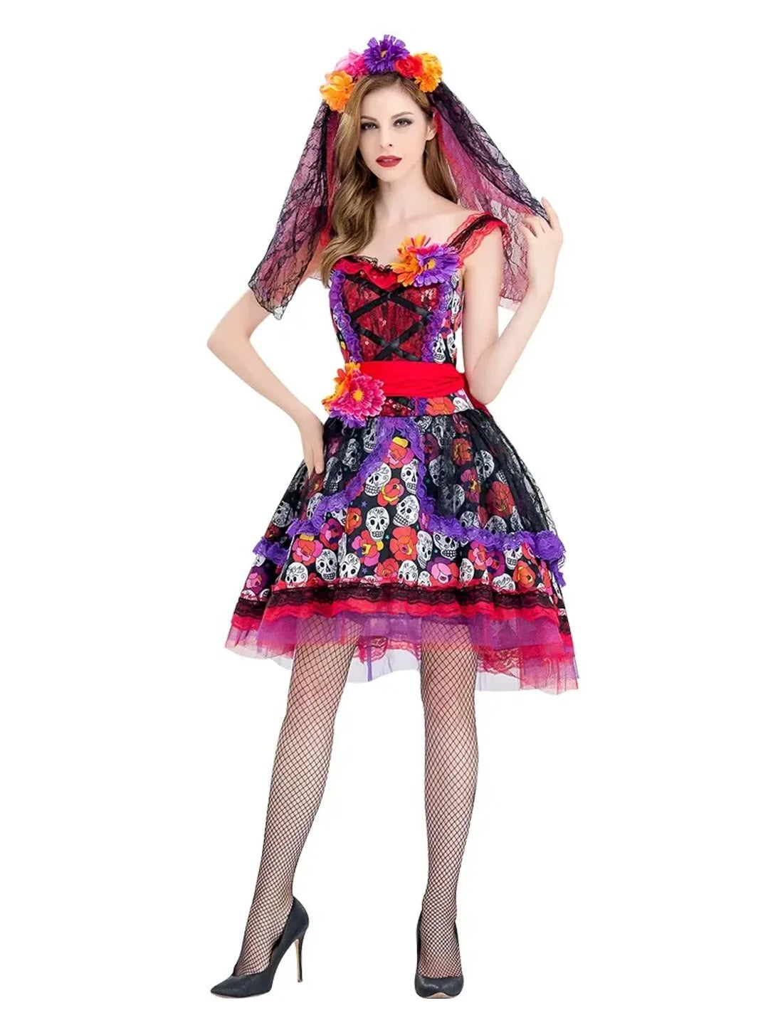 Front view of the women's sugar skull costume: skull and rose print dress, red waist sash, tulle hem and floral crown with lace veil