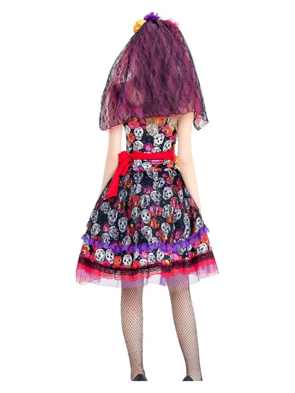 Back view of the sugar skull costume dress showing the red sash bow, skull print skirt and shoulder-length lace veil