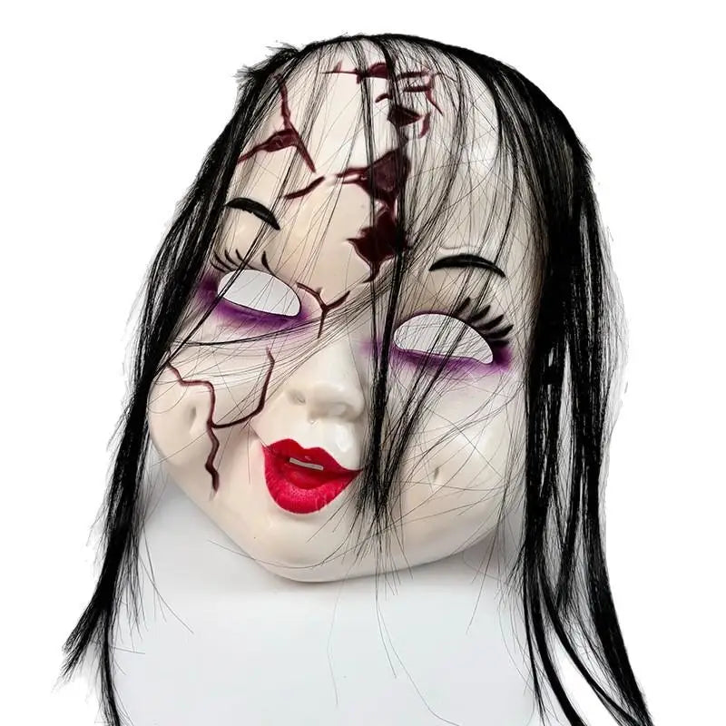 Front view of the creepy doll mask: white cracked face, purple eye shadow, red lips and long black hair