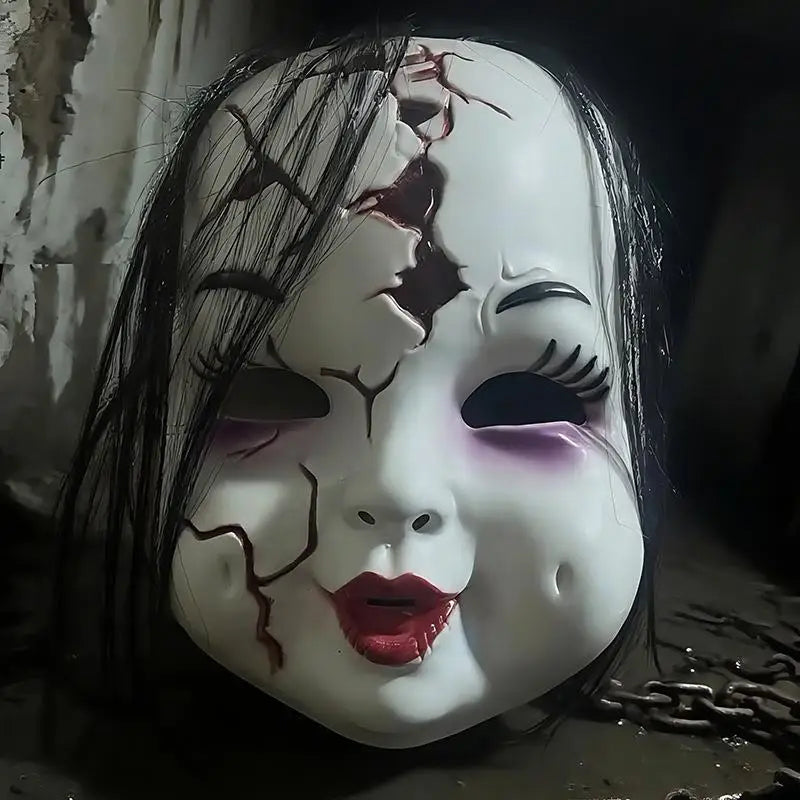 Close-up of the cracked doll mask showing red cracks, painted lashes and red lips