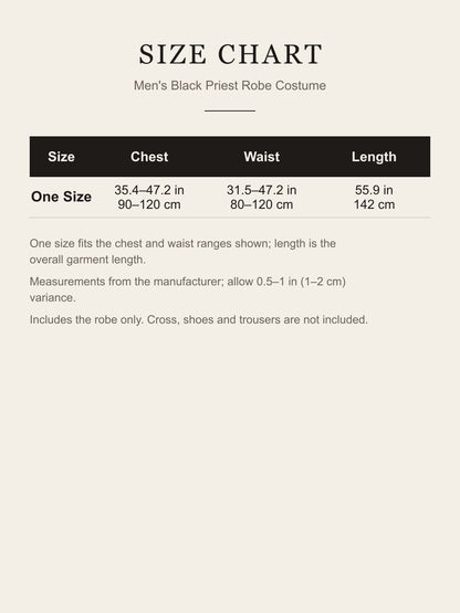 Size chart for the men's black priest robe costume: one size, chest, waist and length in inches and centimeters