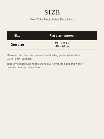 Size card for the skull tube face mask: one size, about 19.3 x 9.4 in (49 x 24 cm) flat