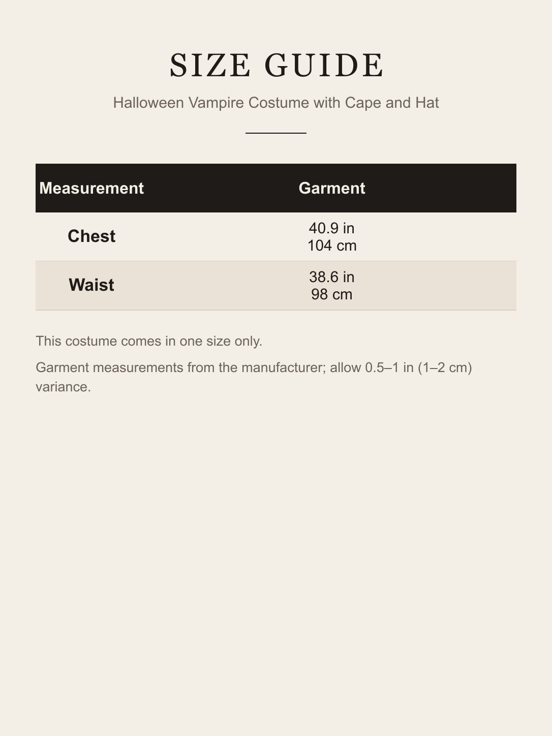 Size guide for the Halloween Vampire Costume with Cape and Hat