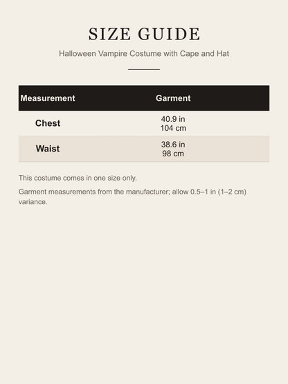 Size guide for the Halloween Vampire Costume with Cape and Hat