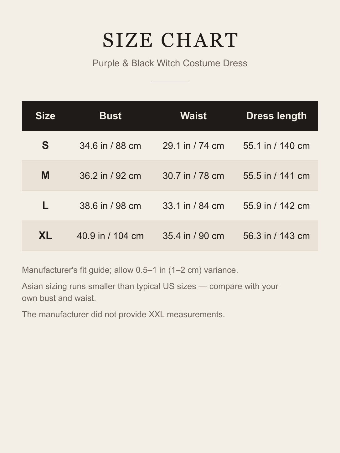Size chart for the purple witch costume dress: bust, waist and dress length for S, M, L and XL in inches and centimeters