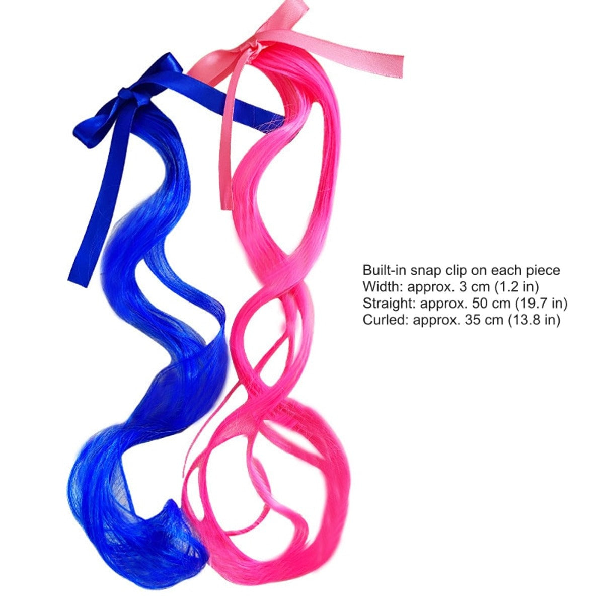 Blue and pink wavy clip-in hair pieces with ribbon bows, with measurements: 3 cm wide, 50 cm straight, 35 cm curled