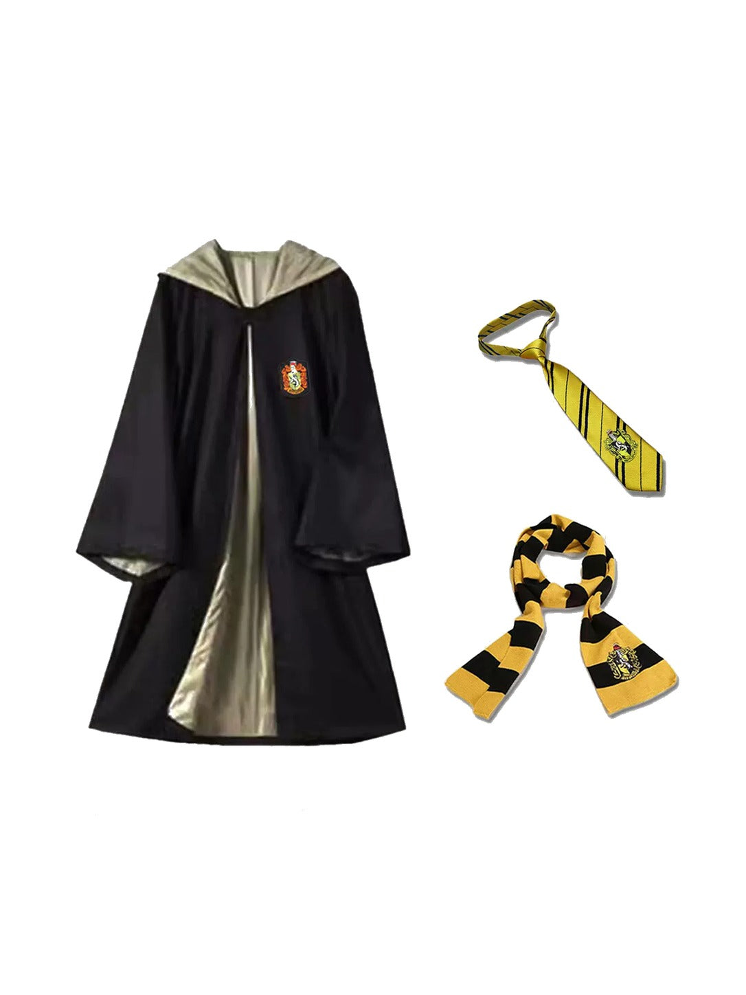 What's included: black hooded Hufflepuff wizard robe, yellow striped house tie and yellow-and-black knit scarf