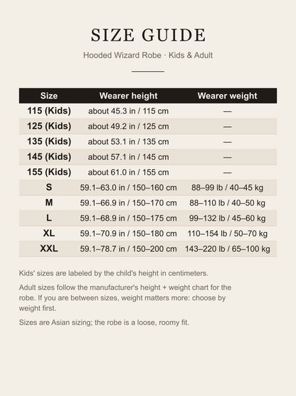 Size guide for the Hufflepuff robe set: kids' sizes 115–155 by height and adult S–XXL by height and weight in inches, cm, lb and kg