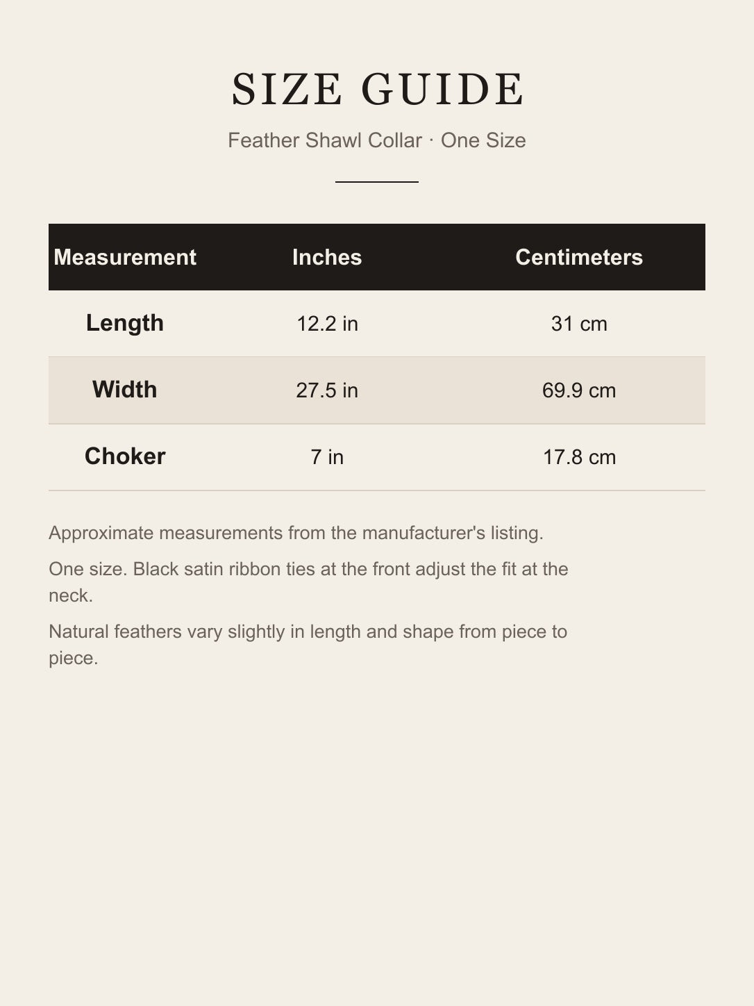 Size guide for the feather shawl collar: length 12.2 in (31 cm), width 27.5 in (69.9 cm), choker 7 in (17.8 cm)