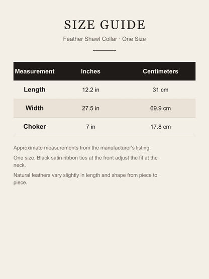 Size guide for the feather shawl collar: length 12.2 in (31 cm), width 27.5 in (69.9 cm), choker 7 in (17.8 cm)