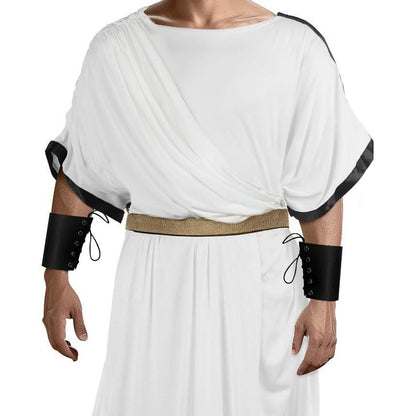 Close-up of the white toga's draped chest panel, black trim on the sleeves and the tan waistband