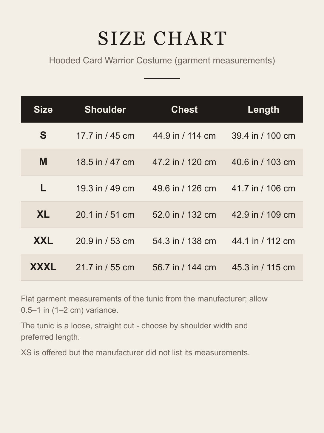 Size chart for the hooded card warrior costume: shoulder, chest and length in inches and cm, S to XXXL