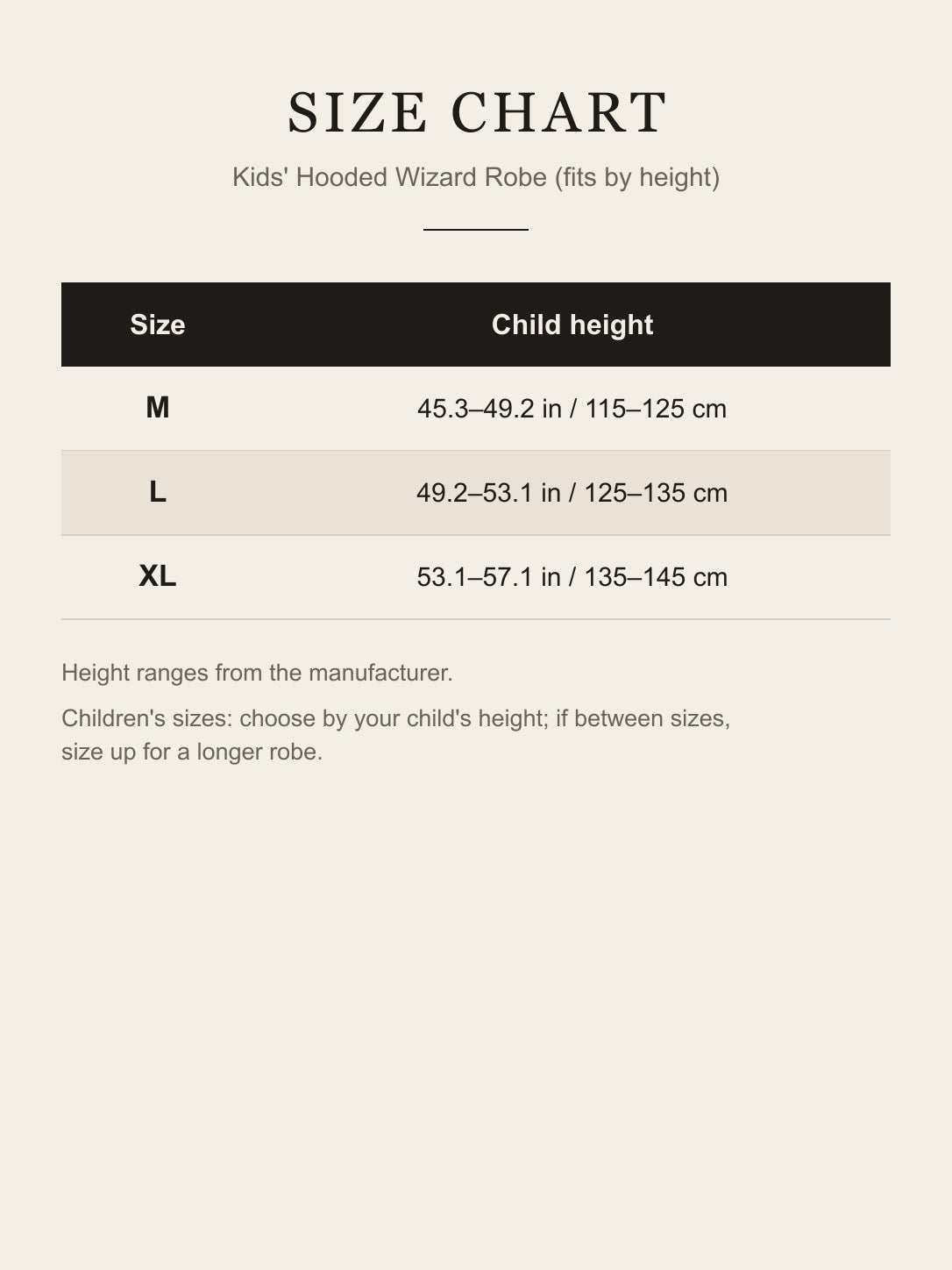 Size chart for the kids' hooded wizard robe: M, L and XL by child height in inches and centimeters
