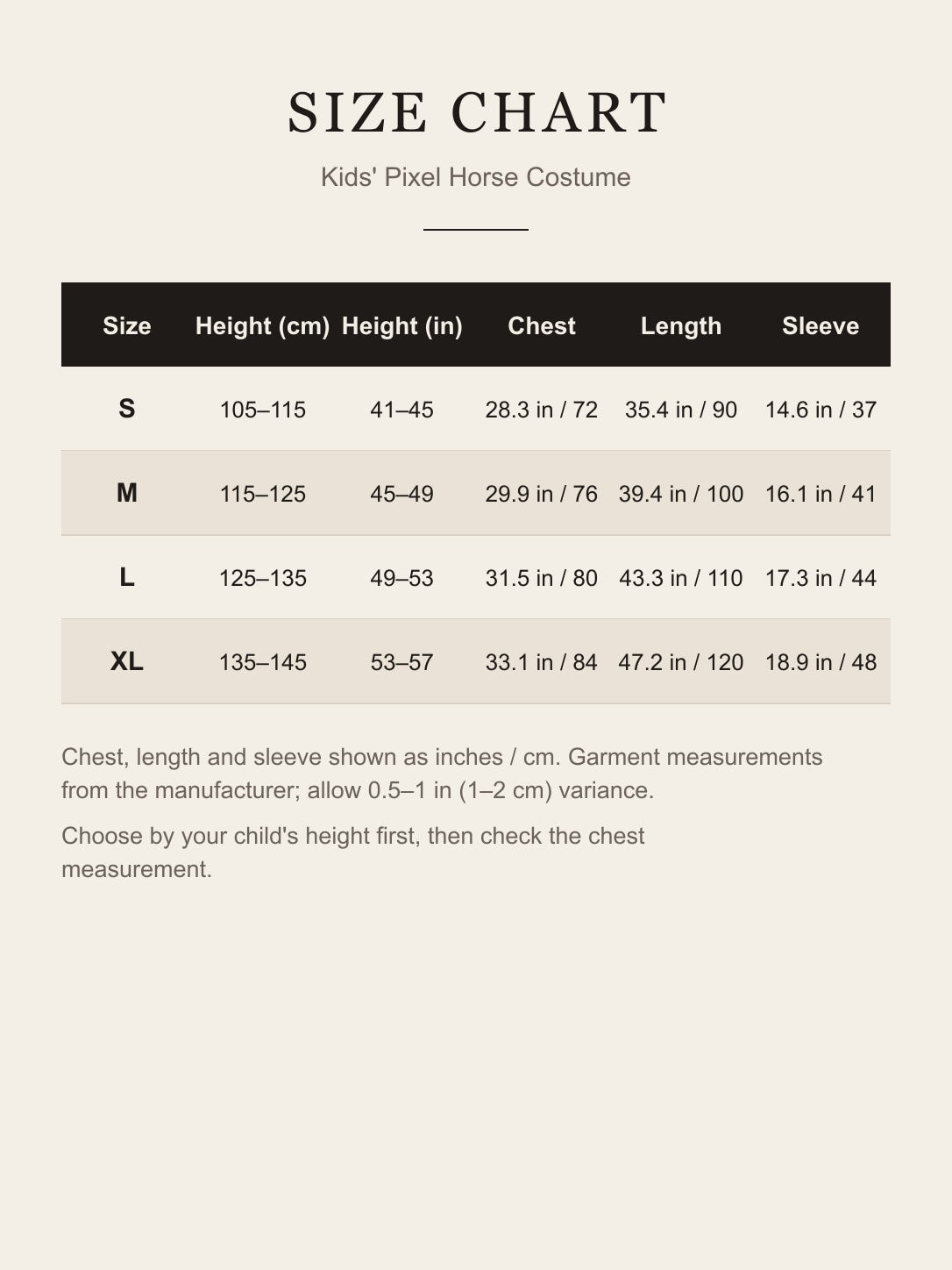 Size chart for the kids' pixel horse costume: child's height, chest, length and sleeve for S, M, L and XL in inches and centimeters