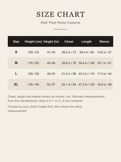 Size chart for the kids' pixel horse costume: child's height, chest, length and sleeve for S, M, L and XL in inches and centimeters