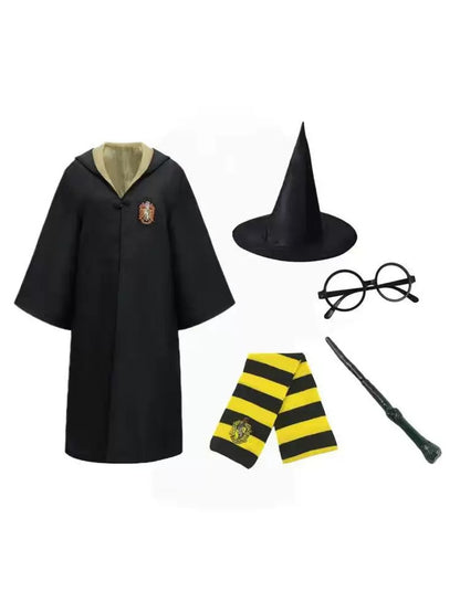What's included: black hooded wizard robe with crest patch, pointed hat, round glasses, yellow-and-black striped scarf and wand