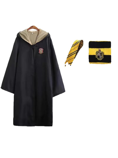 What's included: black hooded wizard robe with beige hood lining, yellow-and-black striped tie and striped scarf