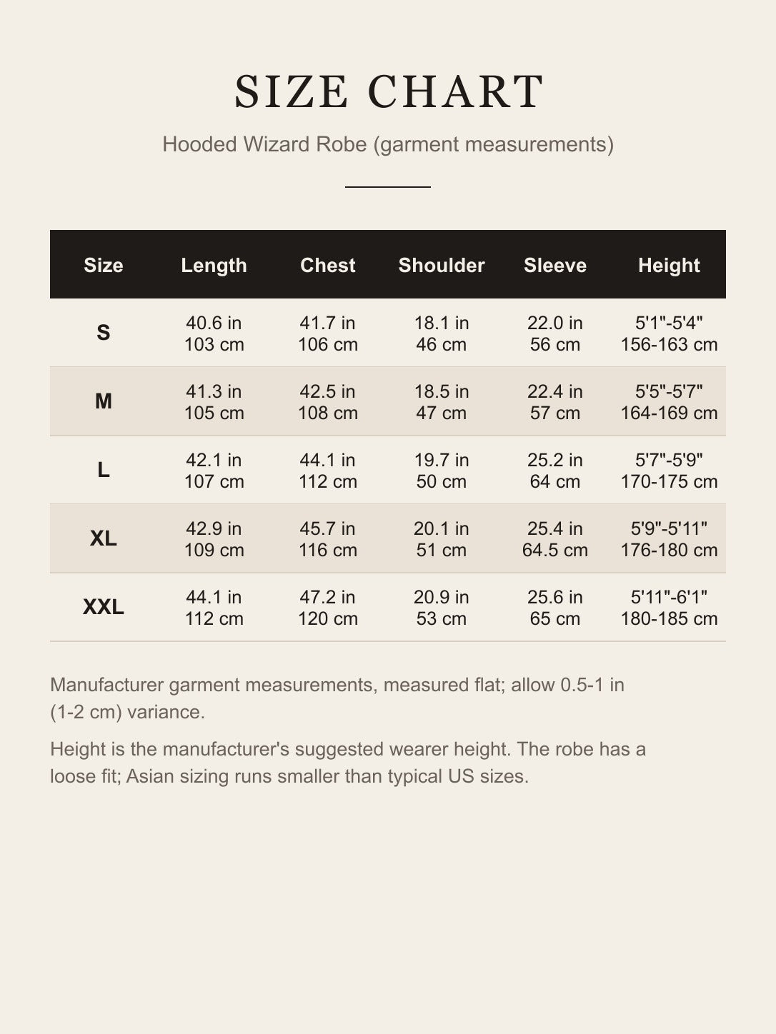 Size chart for the hooded wizard robe: length, chest, shoulder, sleeve and suggested height for S to XXL in inches and centimeters