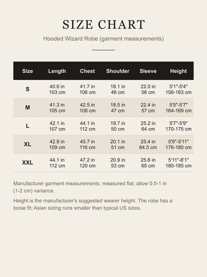 Size chart for the hooded wizard robe: length, chest, shoulder, sleeve and suggested height for S to XXL in inches and centimeters