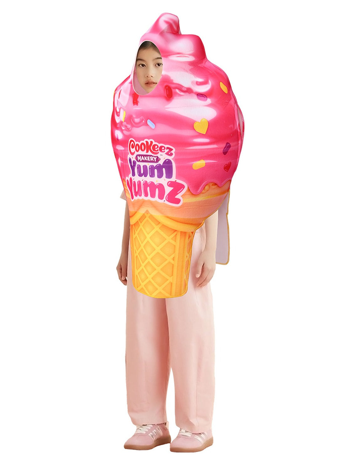 Child in the ice cream cone costume, angled side view showing the foam tunic depth