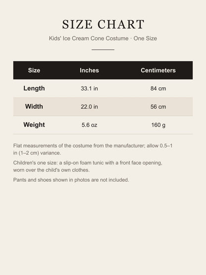 Size chart for the kids' ice cream cone costume: one size, length 33.1 in (84 cm), width 22.0 in (56 cm), weight 5.6 oz (160 g)