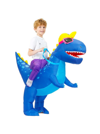 Inflatable ride-on blue dinosaur costume with yellow cap and pink goggles on a white background