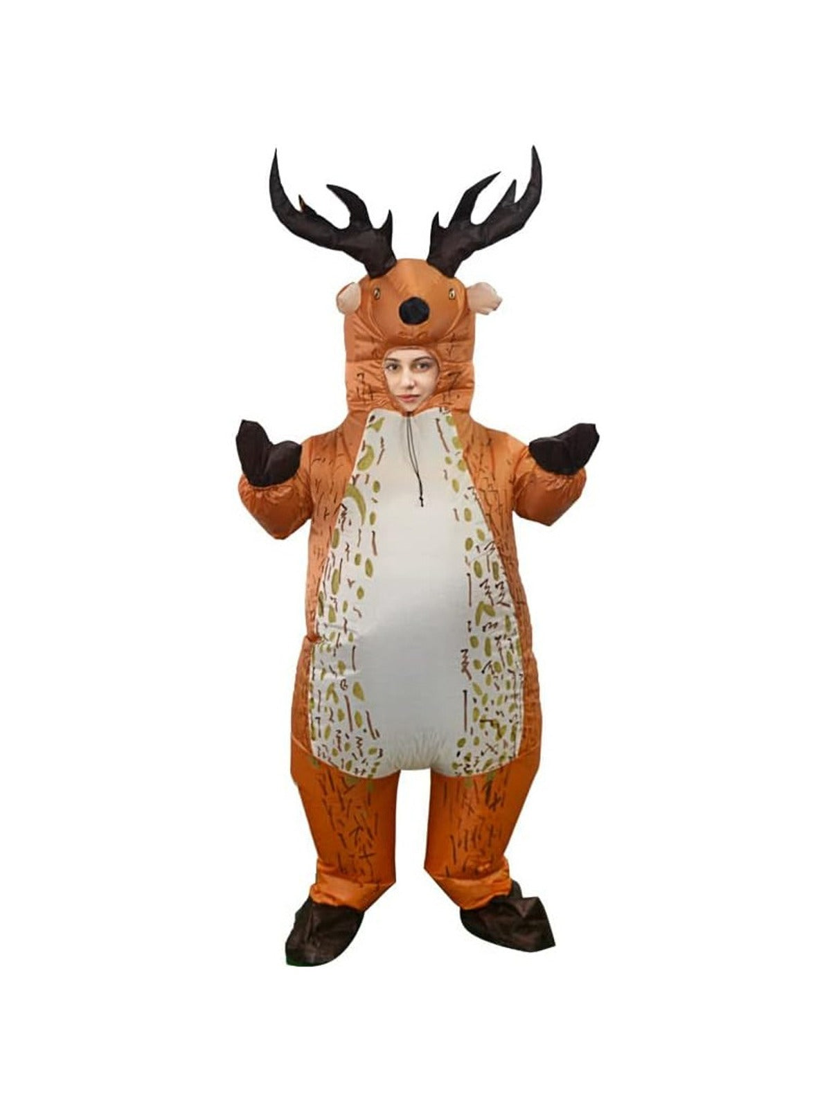 Inflatable reindeer costume studio photo on white background showing the antlered hood, spotted belly, hoof mitts and shoe covers