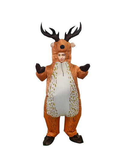 Inflatable reindeer costume studio photo on white background showing the antlered hood, spotted belly, hoof mitts and shoe covers