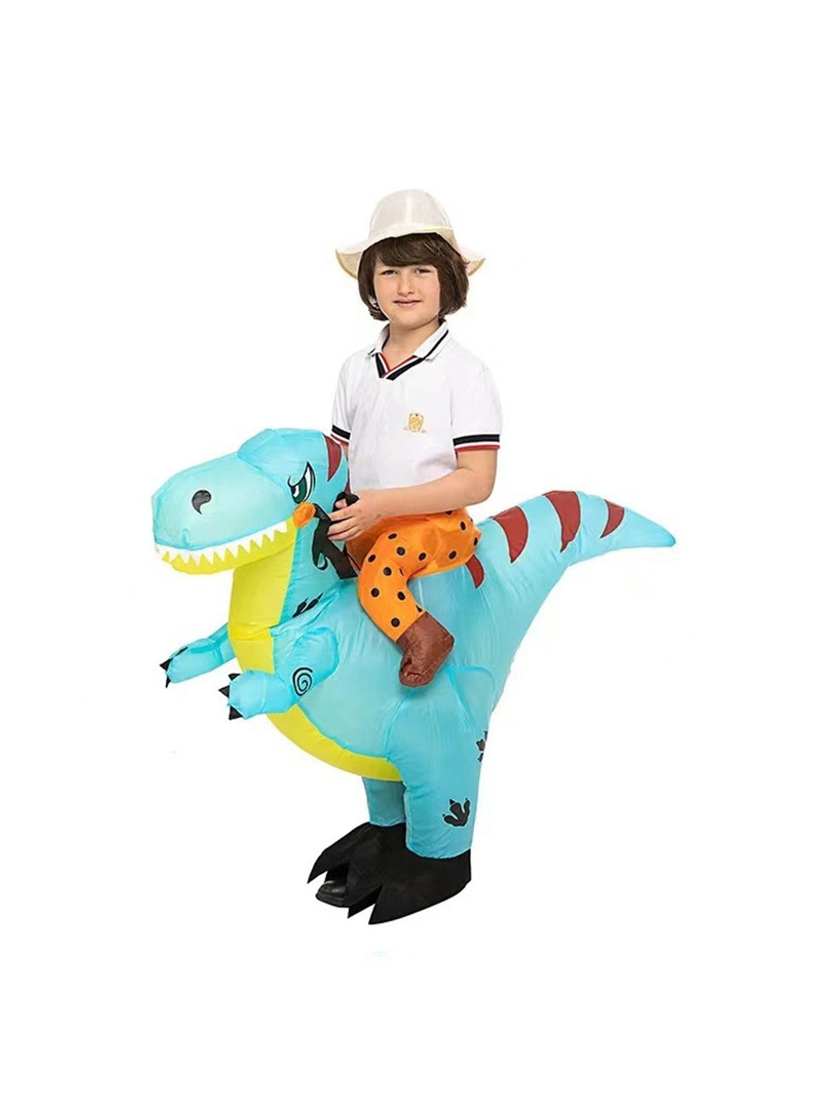Kids' light blue inflatable ride-on dinosaur costume on a white background, real product photo