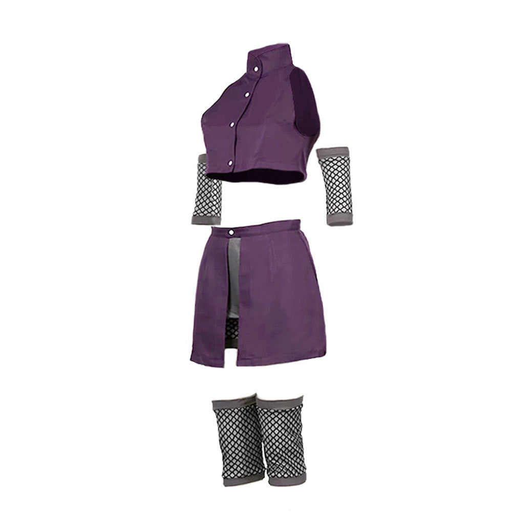 What's included: purple crop top, purple front-slit skirt with gray inner shorts, pair of mesh arm warmers and pair of mesh leg warmers