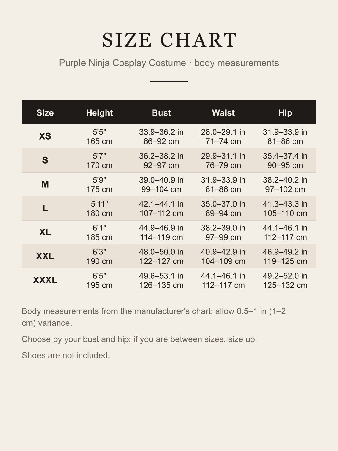 Size chart for the Ino Yamanaka cosplay costume: height, bust, waist and hip for XS to XXXL in inches and centimeters