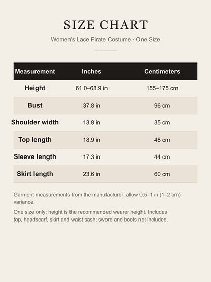 Size chart for women's one-size pirate costume, bust 37.8 in / 96 cm