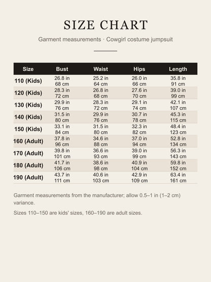 Size chart for the cowgirl costume jumpsuit: bust, waist, hips and length for kids' sizes 110-150 and adult sizes 160-190 in inches and cm