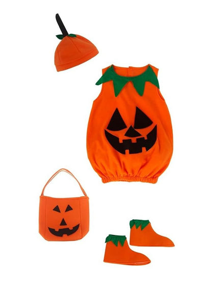 What's included in the kids' pumpkin costume: orange pumpkin tunic, stemmed hat, jack-o'-lantern treat bag and pair of shoe covers