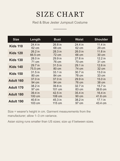 Size chart for the red and blue jester jumpsuit costume, children's 110–150 and adult 160–190, in inches and cm