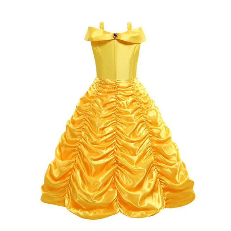 Yellow princess ball gown laid out, front view showing the off-shoulder fold, red brooch and gathered skirt