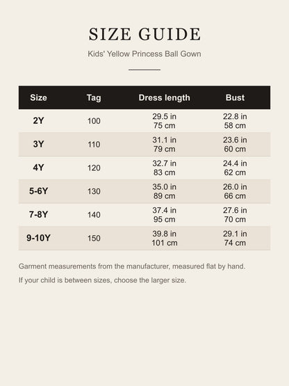 Size guide for the kids' yellow princess gown: dress length and bust for sizes 2Y to 9-10Y in inches and cm