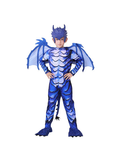 Kids' blue ice dragon knight costume on a white background: jumpsuit, wings, tail and mask