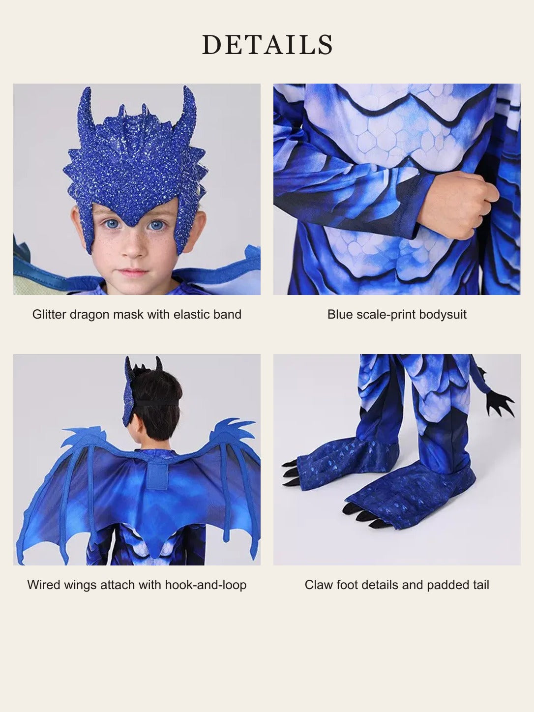 Detail views: glitter dragon mask with elastic band, scale-print bodysuit, wired wings with hook-and-loop, claw foot details and padded tail