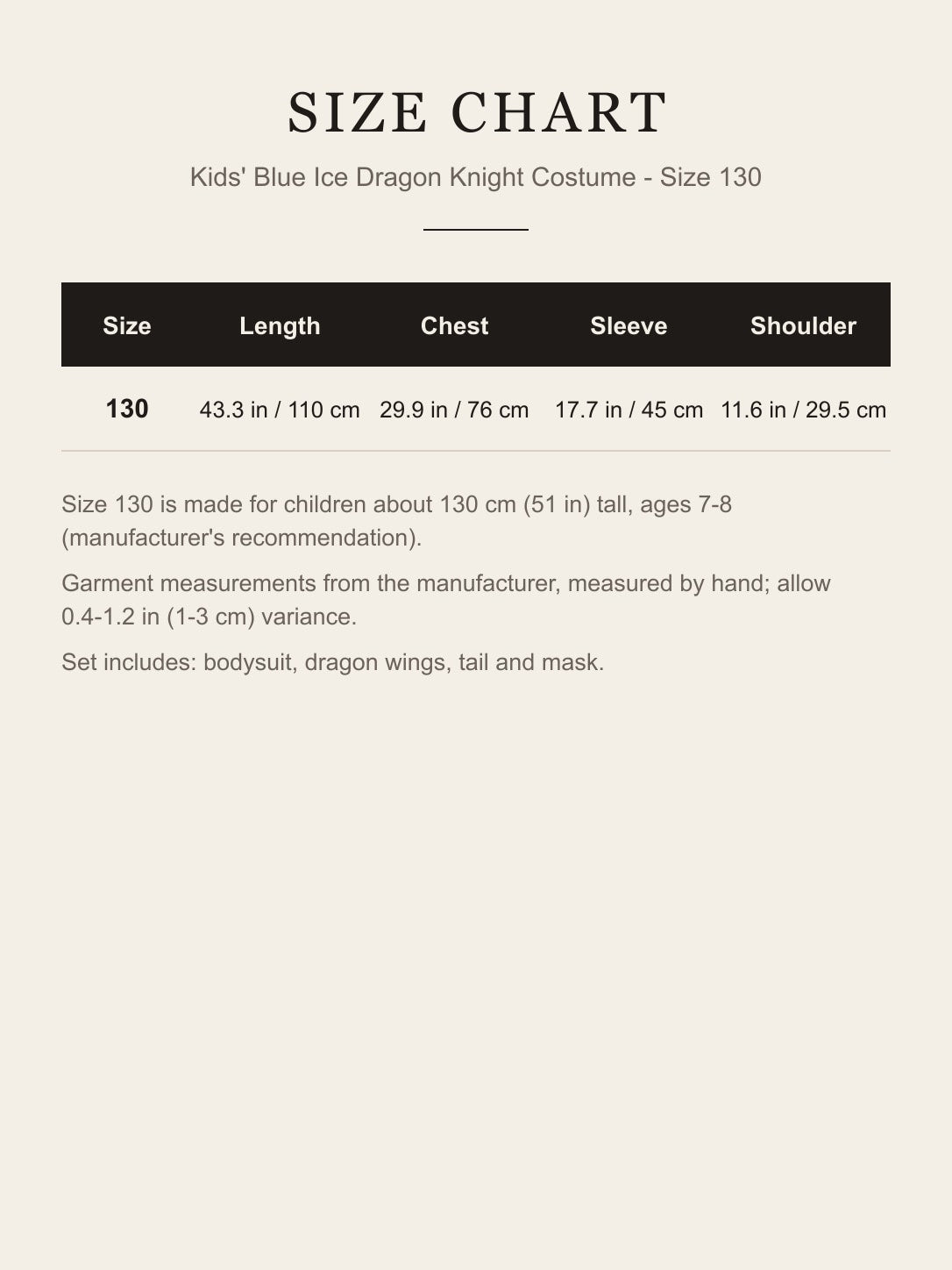 Size chart for the kids' blue ice dragon knight costume, size 130: length, chest, sleeve and shoulder in inches and centimeters