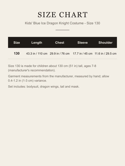 Size chart for the kids' blue ice dragon knight costume, size 130: length, chest, sleeve and shoulder in inches and centimeters