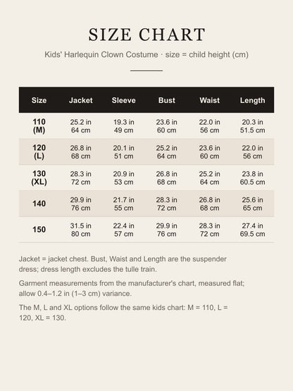 Size chart for the kids' harlequin clown costume: jacket chest, sleeve, dress bust, waist and length for sizes 110–150 in inches and centimeters