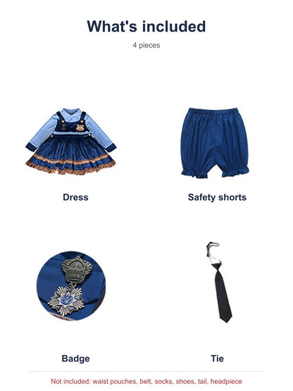 What's included in the kids' Judy police costume: dress, safety shorts, badge and tie; waist pouches, belt, socks and shoes not included