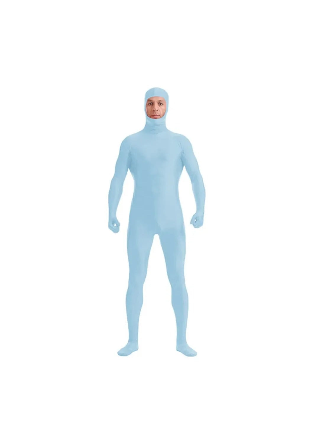 Light blue hooded zentai bodysuit on a white background, front view of the actual product
