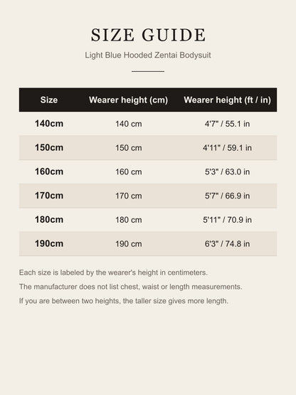 Size guide for the light blue zentai bodysuit: sizes 140 cm to 190 cm by wearer height in centimeters and feet/inches