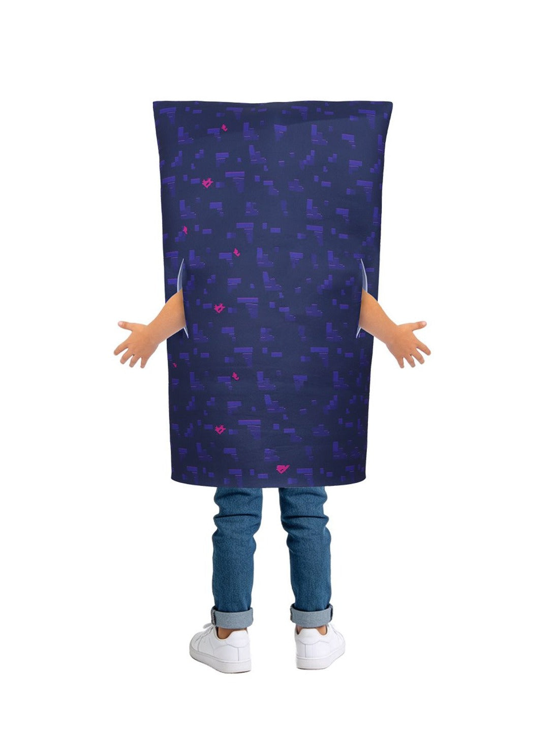 Back view of the kids' Nether Portal tunic costume: plain navy pixel print with arms out through the open sides